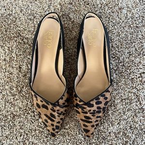 Franco Sarto real fur leopard woman's low heel sling back shoe women's size 8.5